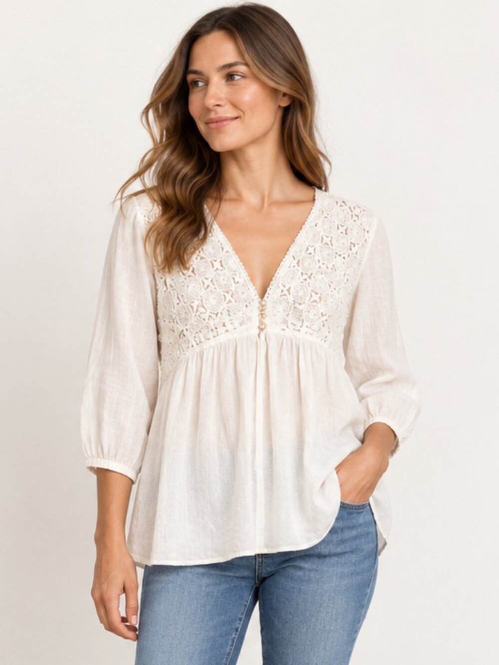 Malvin Hamburg I Love Linen White Crochet 3/4 Sleeve Blouse Medium